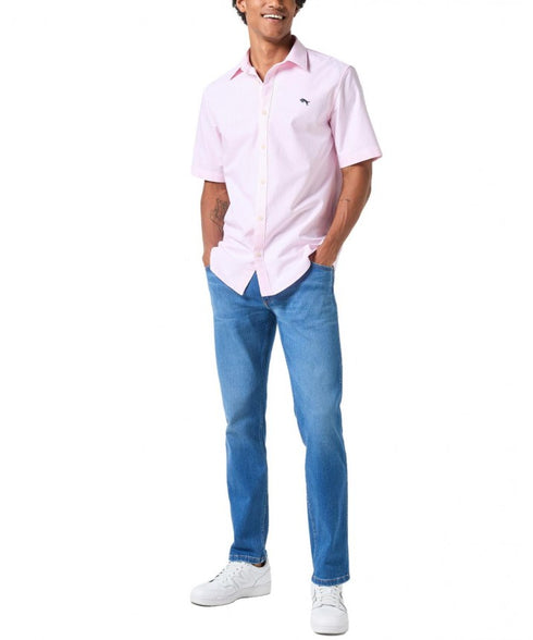Wrangler Men's Short Sleeve Shirt In Pink Stripe Oxford