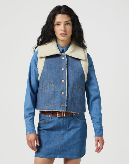 Wrangler Women's Sherpa Denim Vest in Original Blue
