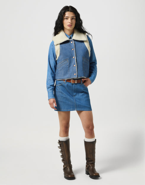 Wrangler Women's Sherpa Denim Vest in Original Blue