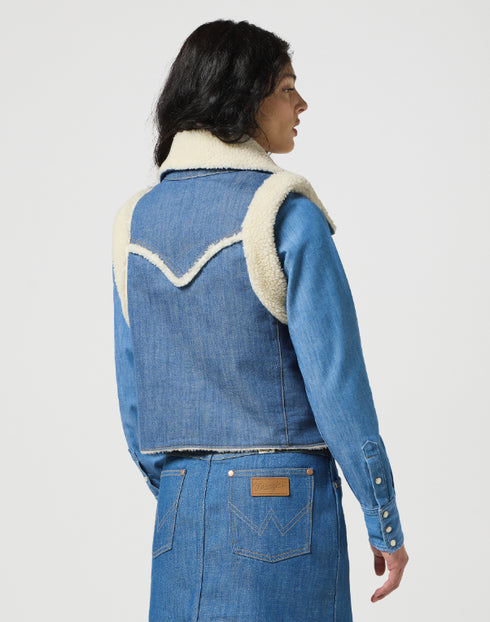 Wrangler Women's Sherpa Denim Vest in Original Blue