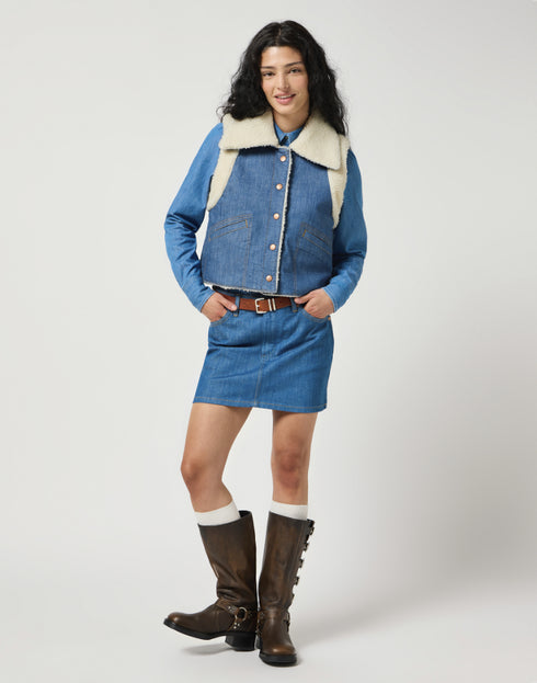 Wrangler Women's Sherpa Denim Vest in Original Blue