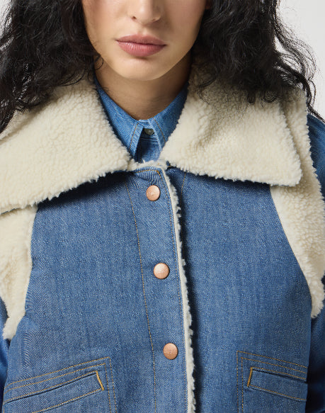 Wrangler Women's Sherpa Denim Vest in Original Blue