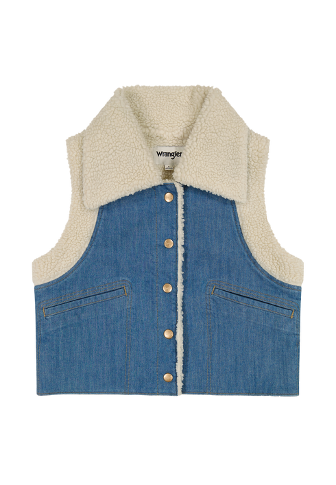 Wrangler Women's Sherpa Denim Vest in Original Blue