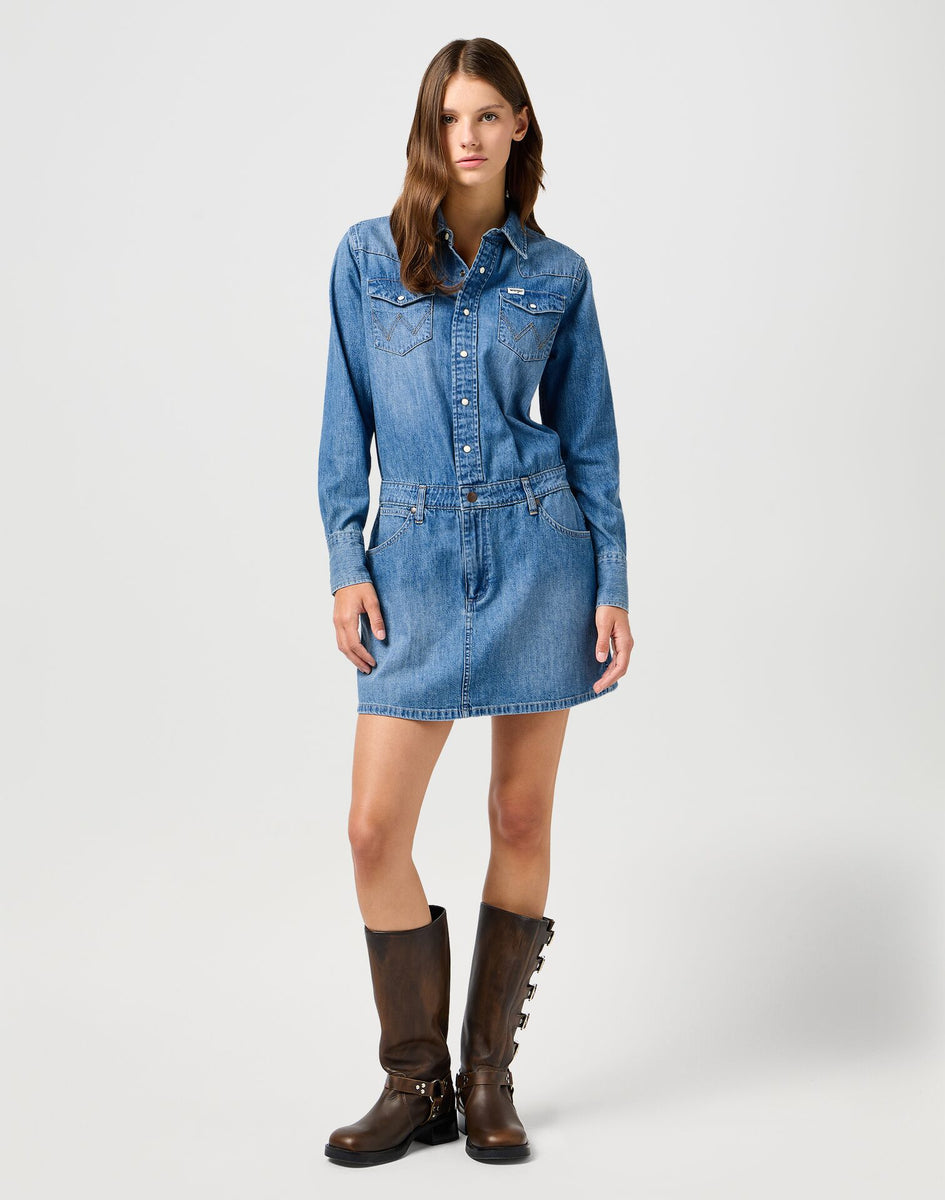 Wrangler Women's Long Sleeve Denim Dress In Ultra Marine – Rodeo In