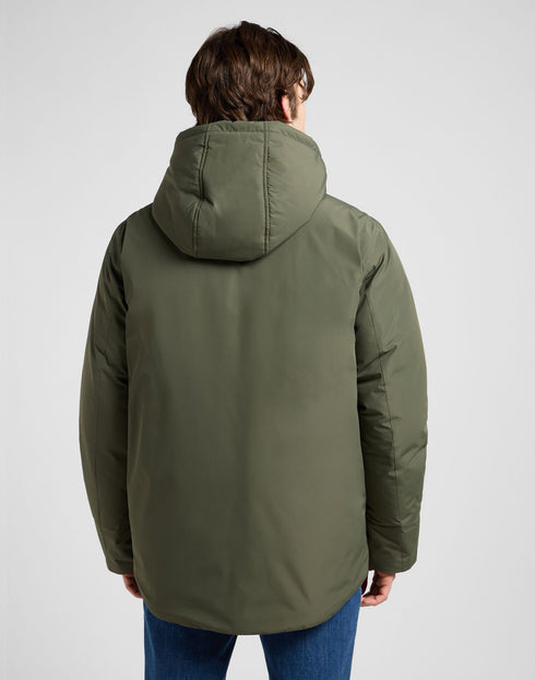 Lee Men's Hooded Short Puffer Jacket In Olive Gray