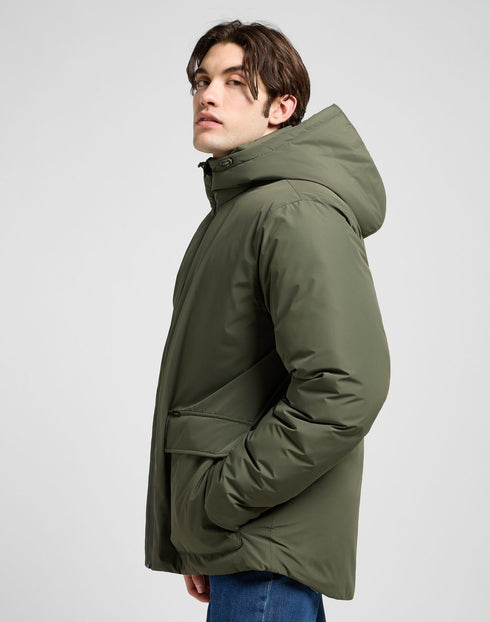 Lee Men's Hooded Short Puffer Jacket In Olive Gray