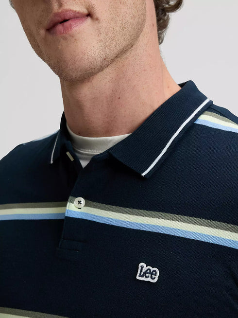 Lee Men's Pique Polo T-Shirt In Lime Ice Navy Stripe
