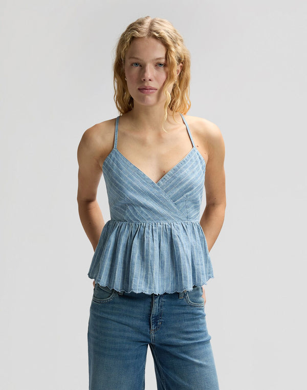 LEE PEPLUM CAMI INDIGO STRIPE DOBBY