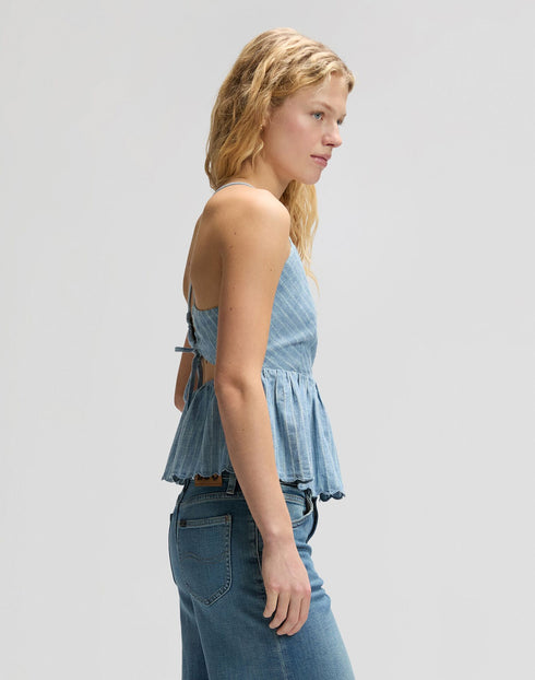 LEE PEPLUM CAMI INDIGO STRIPE DOBBY