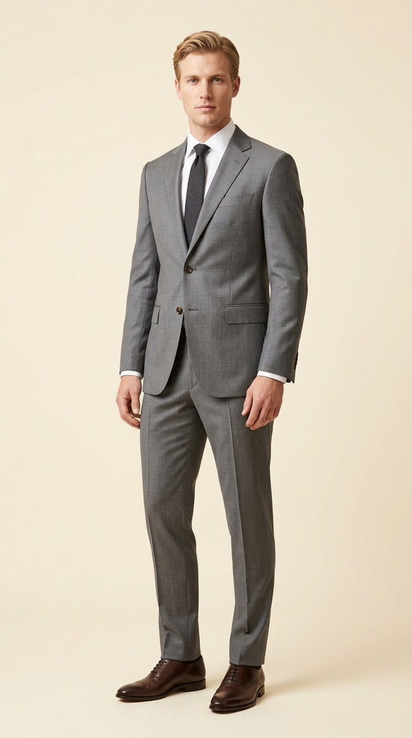 Man wearing the F.Ferrante FEU230 tailored two-button suit in grey, styled with a white shirt, charcoal tie and dark brown Oxford shoes