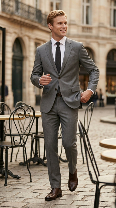 Man wearing the F.Ferrante FEU230 tailored two-button suit in grey, styled with a white shirt, charcoal tie and dark brown Oxford shoes