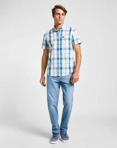 Lee Men's Button Down Short Sleeve Shirt in Stream Ecru Plaid
