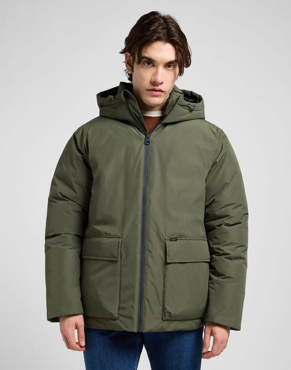Lee Men's Hooded Short Puffer Jacket In Olive Gray - Rodeo In