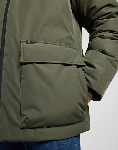 Lee Men's Hooded Short Puffer Jacket In Olive Gray