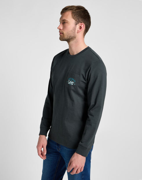 Lee Men's Long Sleeve Pocket Logo T-Shirt in Washed Black