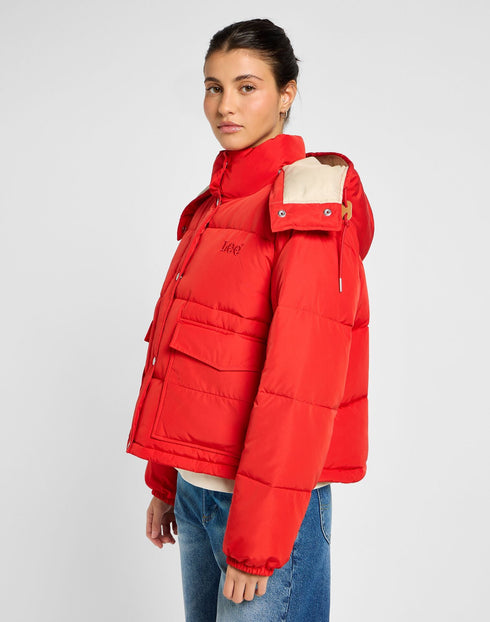 Lee Women's Hooded Short Puffer Jacket In True Red