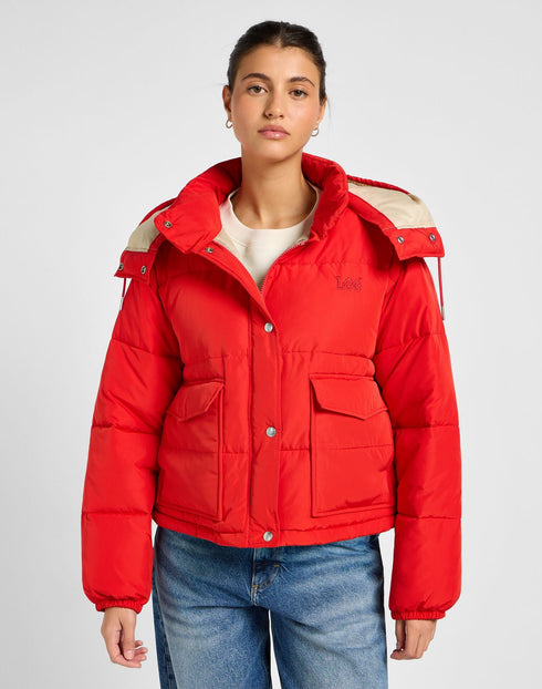 Lee Women's Hooded Short Puffer Jacket In True Red - Rodeo In