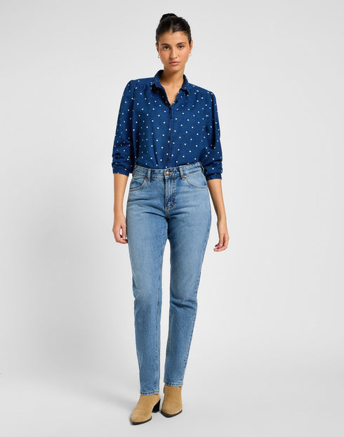 Lee Women's Shirred Blouse in Dotted Indigo - Rodeo In