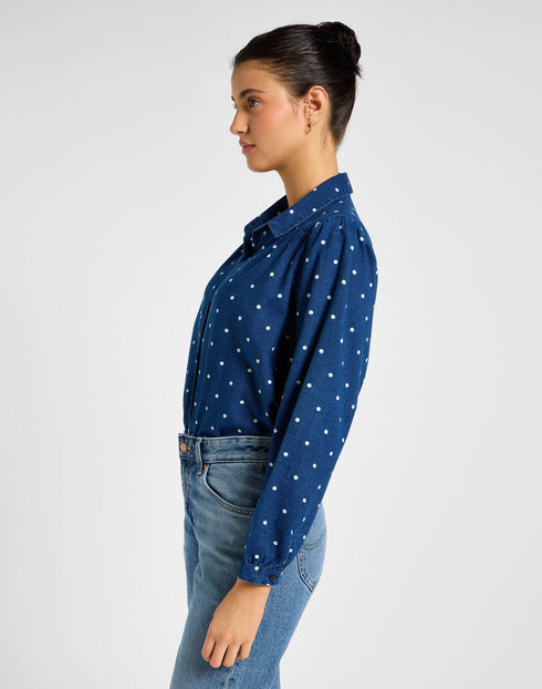 Lee Women's Shirred Blouse in Dotted Indigo