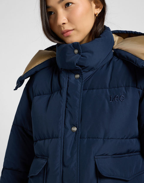 Lee Women's Short Puffer Jacket With Hood In Rivet Navy - Rodeo In