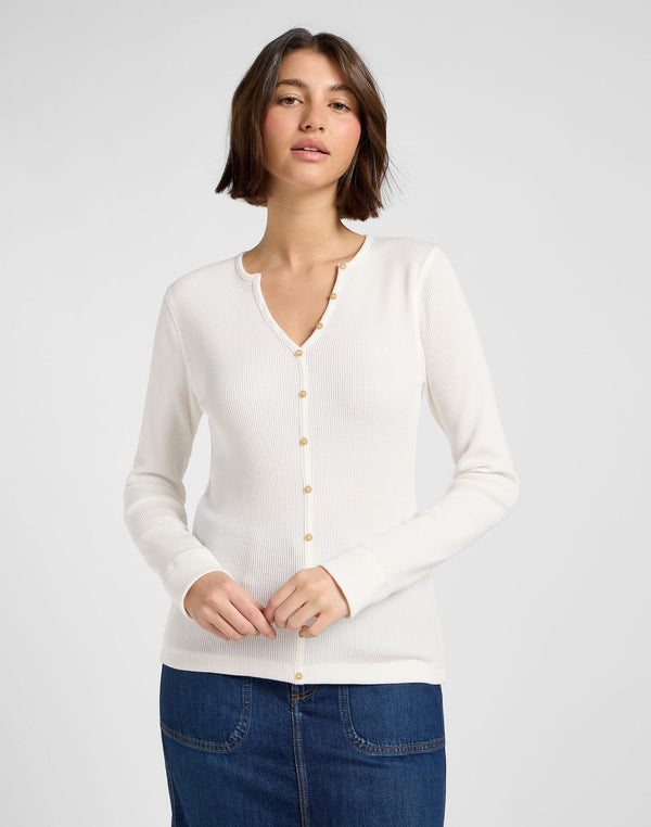 Lee Women's Washed Waffle Long Sleeve T-Shirt In Henley Ecru - Rodeo In