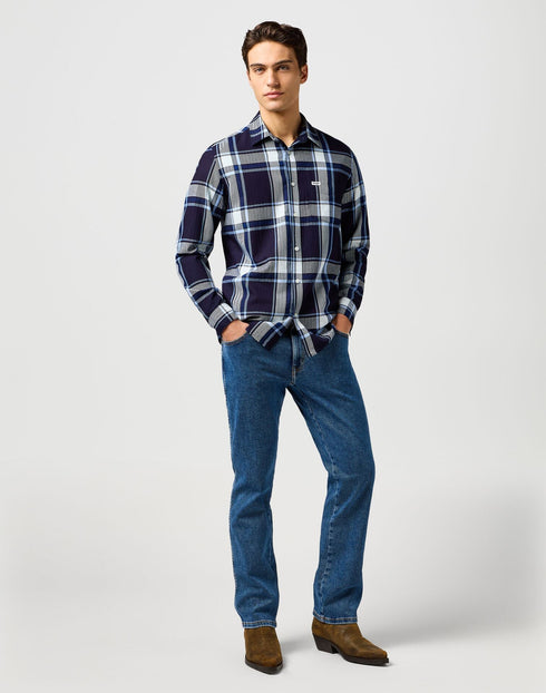 Wrangler Men's 1 Pkt Shirt In Large Indigo Plaid - Rodeo In