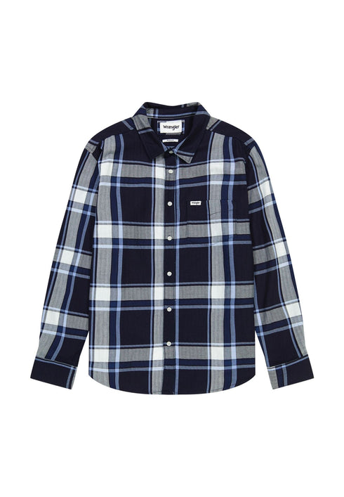 Wrangler Men's 1 Pkt Shirt In Large Indigo Plaid - Rodeo In