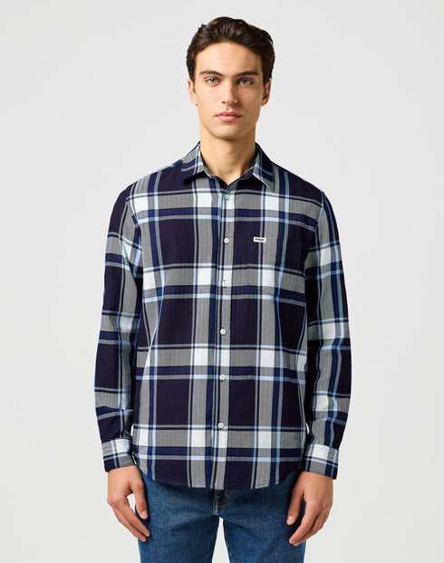 Wrangler Men's 1 Pkt Shirt In Large Indigo Plaid - Rodeo In