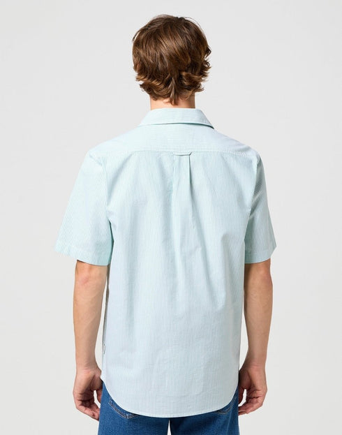 Wrangler Men's Short Sleeve Shirt In Green Stripe Oxford
