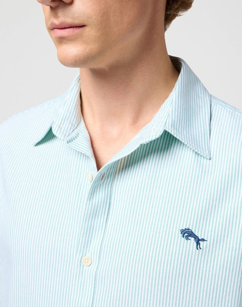 Wrangler Men's Short Sleeve Shirt In Green Stripe Oxford