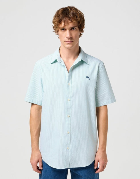 Wrangler Men's Short Sleeve Shirt In Green Stripe Oxford