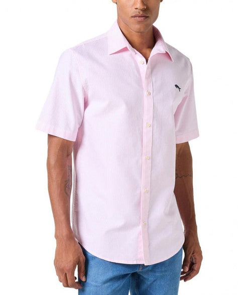 Wrangler Men's Short Sleeve Shirt In Pink Stripe Oxford