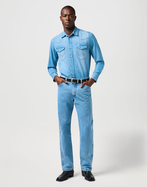 Wrangler Men's Western Shirt In Mid Light Wash