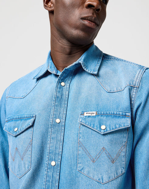Wrangler Men's Western Shirt In Mid Light Wash - Rodeo In