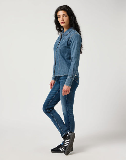 Wrangler Women's Exaggerated Yoke Shirt In Faded Blue - Rodeo In