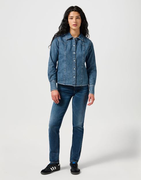 Wrangler Women's Exaggerated Yoke Shirt In Faded Blue - Rodeo In