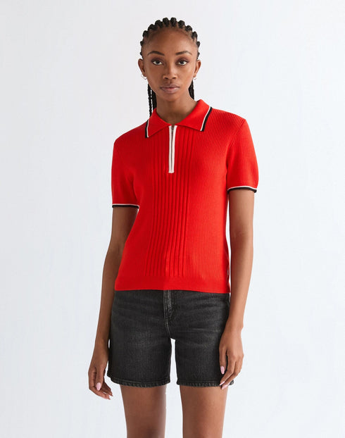 Wrangler Women's Quarter Zip Polo T-Shirt In Flame Scarlet - Rodeo In