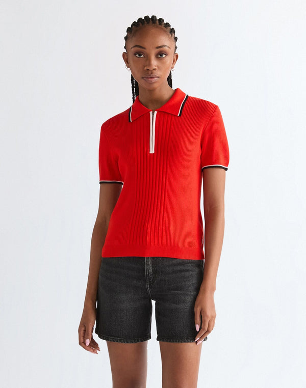 Wrangler Women's Quarter Zip Polo T-Shirt In Flame Scarlet - Rodeo In