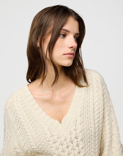 Wrangler Women's V Neck Cable Knit Sweatshirt In Ivory